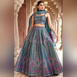 Turquoise Blue Emboridered Blended Lehenga Choli